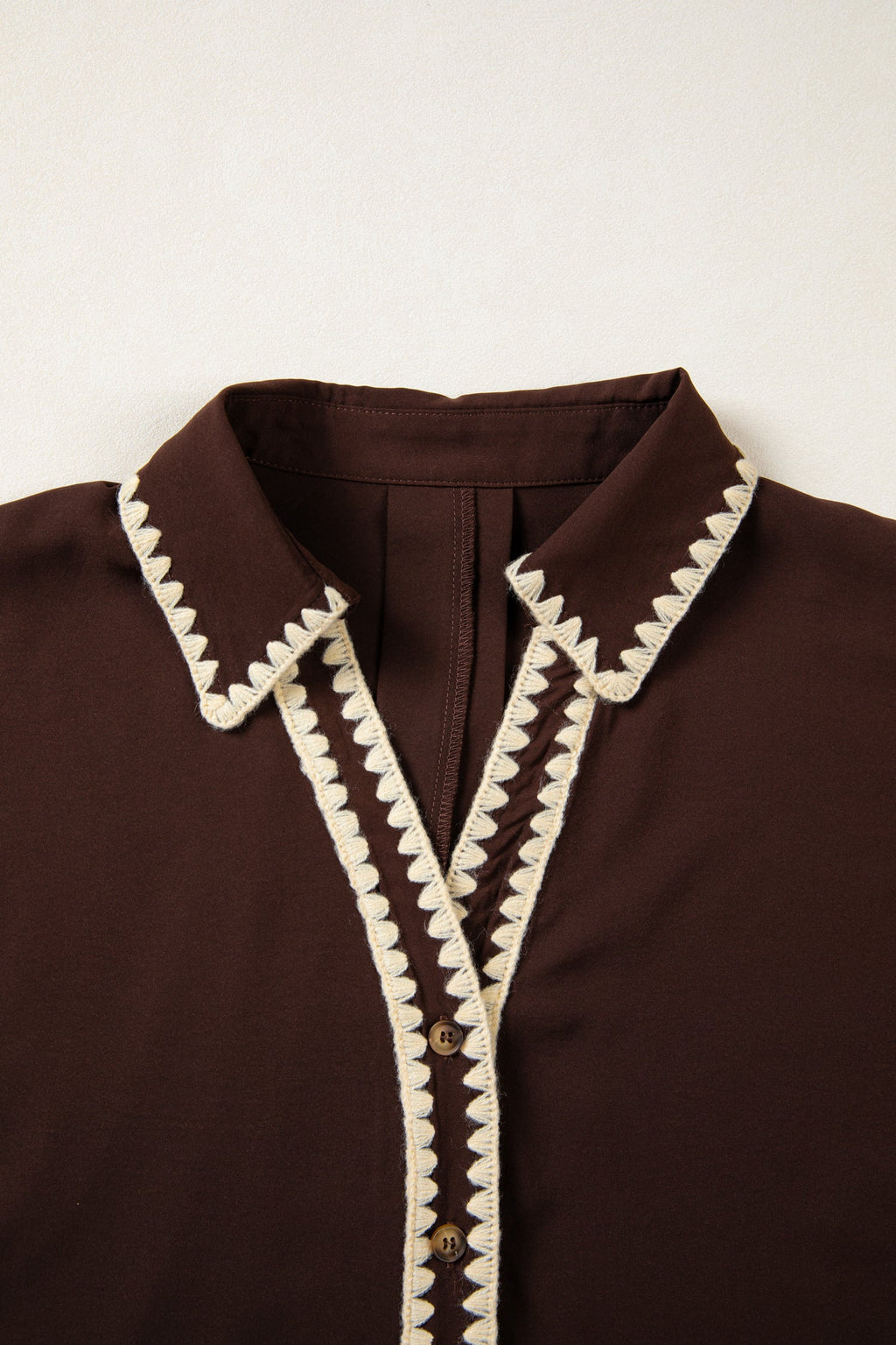 Coffee Shirt Collar Contrast Trim Button V Neck Short Sleeve Blouse
