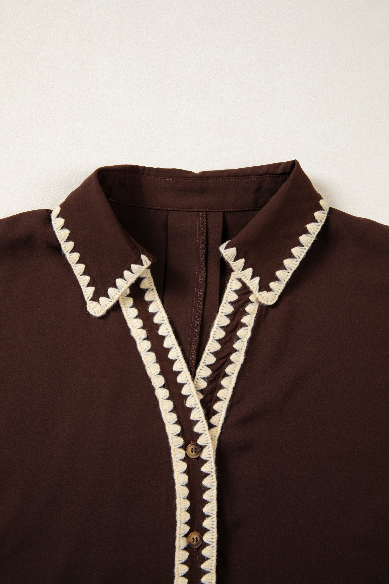 Coffee Shirt Collar Contrast Trim Button V Neck Short Sleeve Blouse