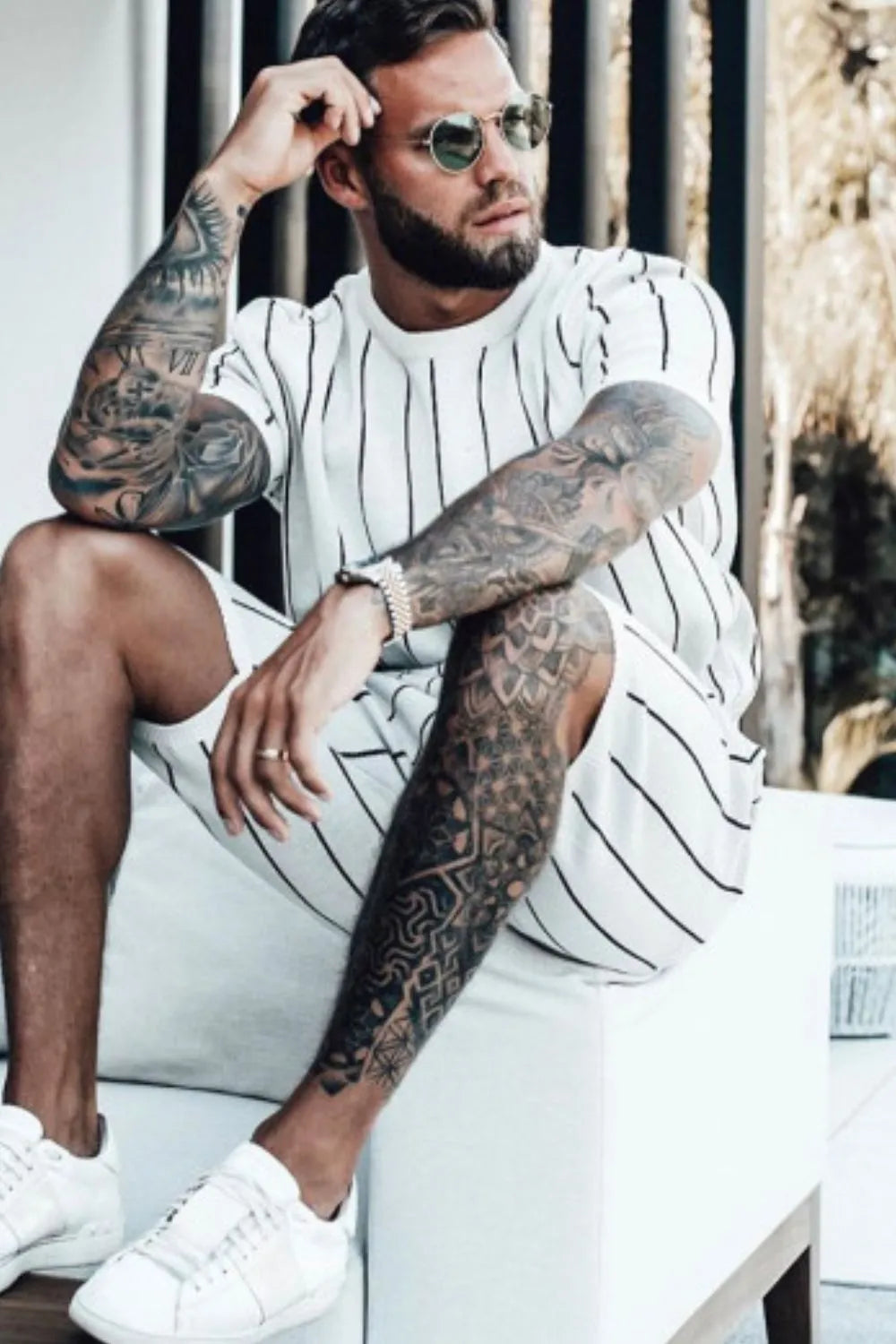 Men's Full Size Striped Casual Top and Shorts Summer Set Plus Size