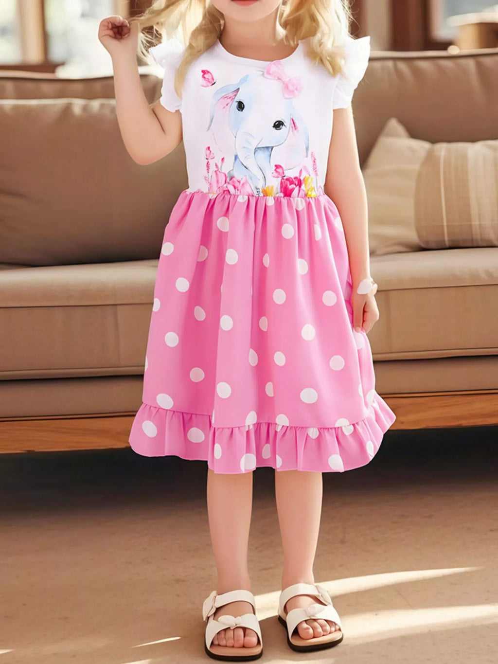 Children's Elephant Polka Dot Ruffle Hem Dress
