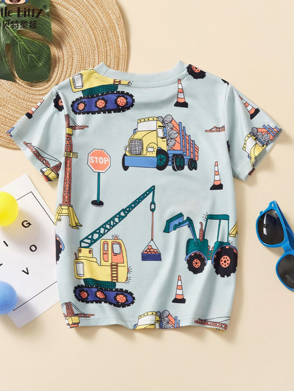 Children's Construction Vehicle Print Crew Neck Short Sleeve T-Shirt