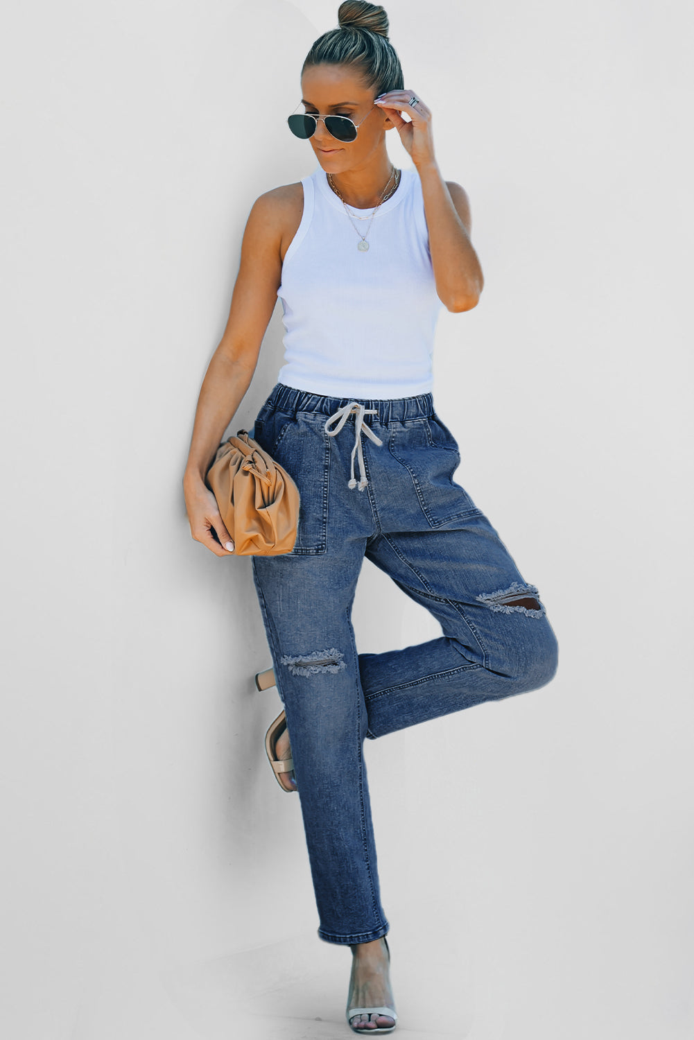 Dark Blue Gather Round Distressed Pocketed Denim Jogger