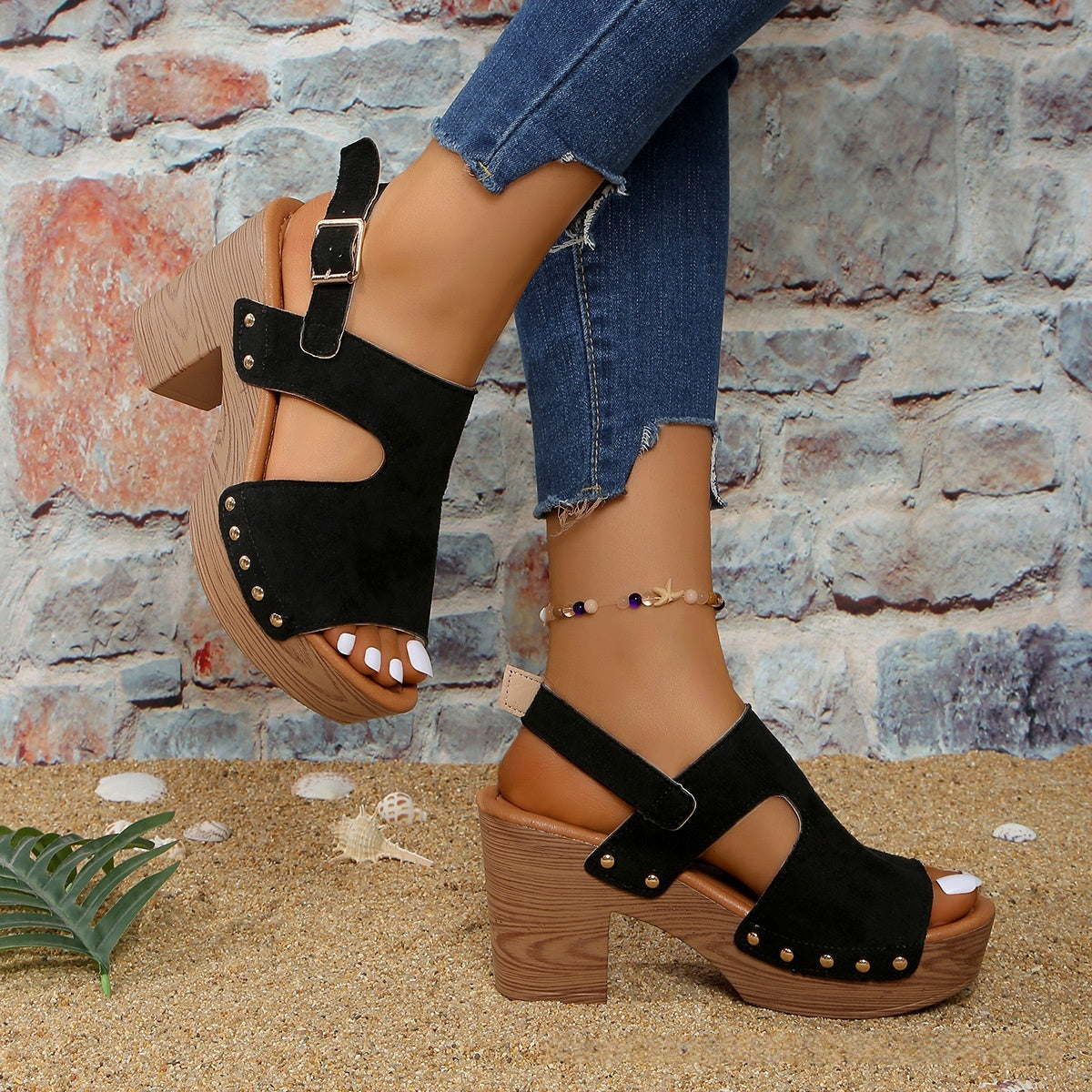 Women's Peep-Toe Chunky Heel Buckle Sandals