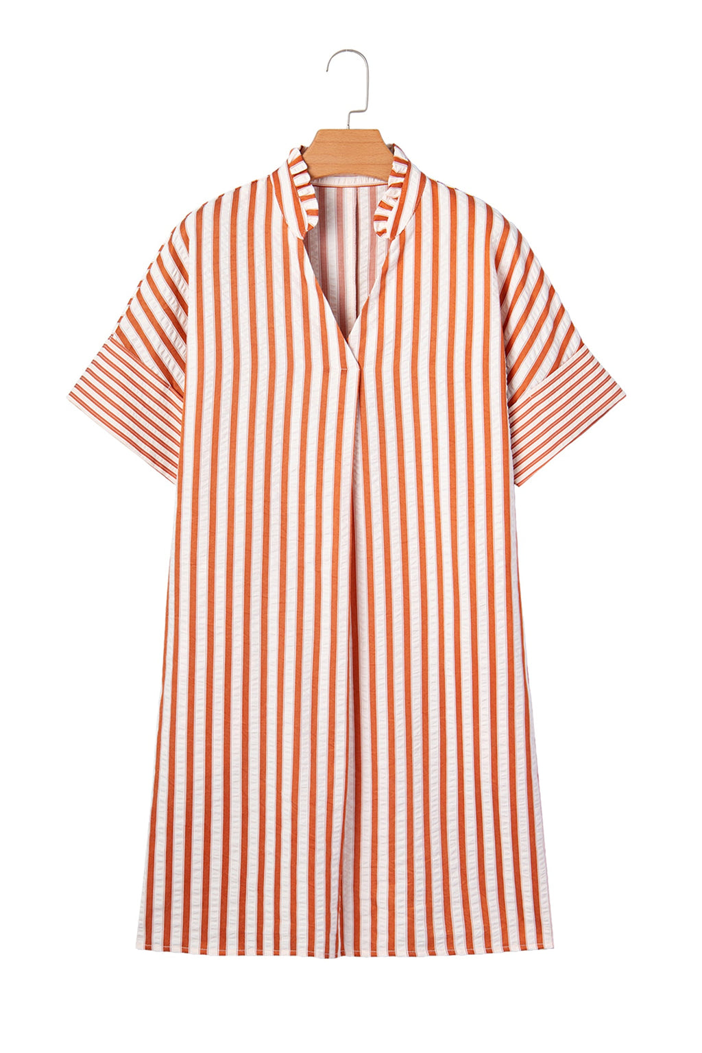 Brown Stripe Pinched V Neck Turn-up Cuffs Shift Mini Dress