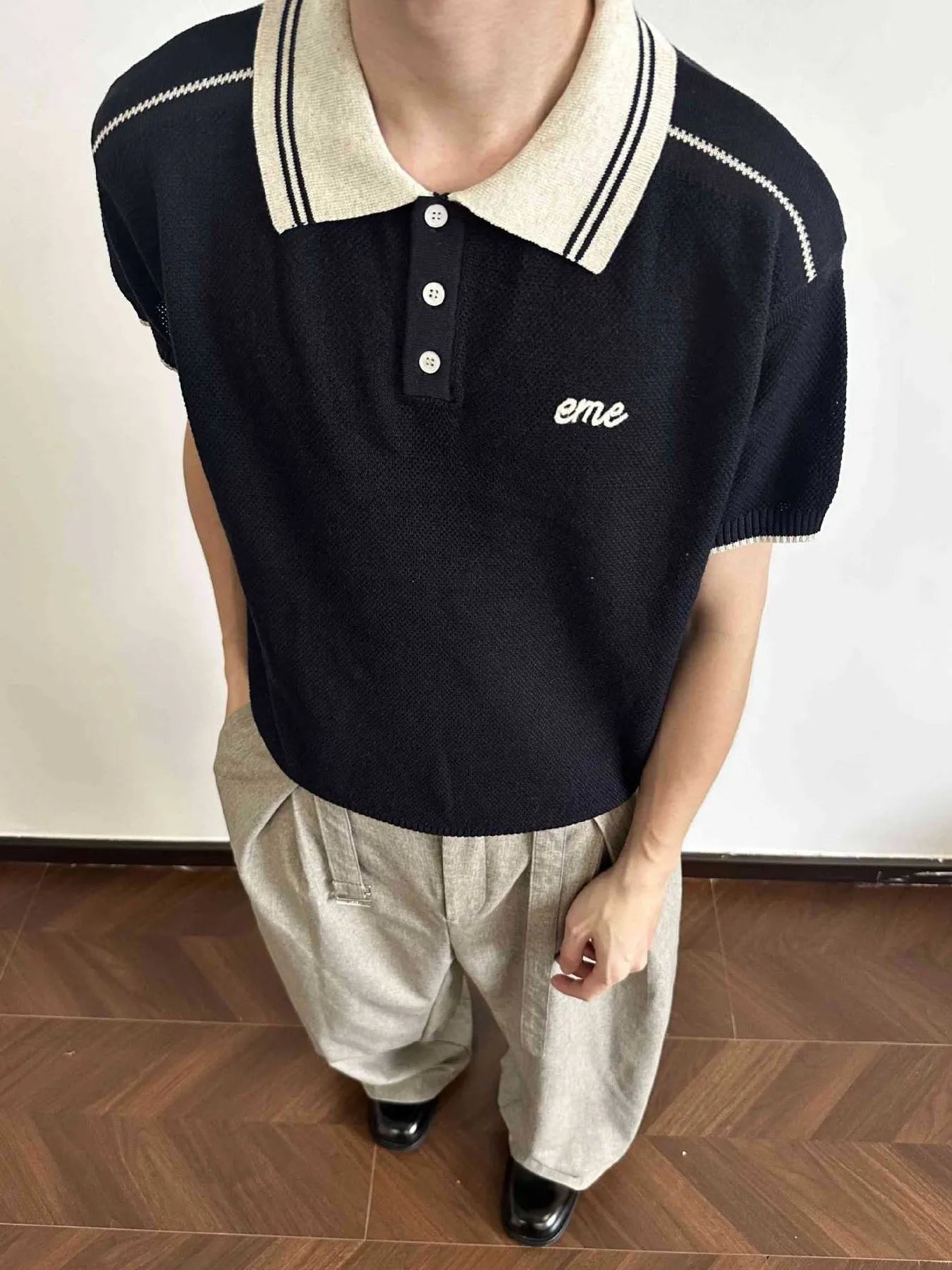 Men's Retro Knitted Polo with Embroidered Logo