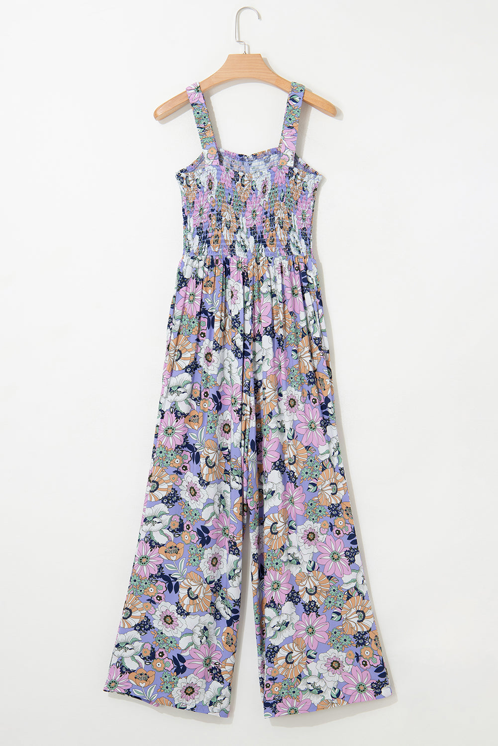 Purple Floral Print Smocked High Waist Square Neck Jumpsuit