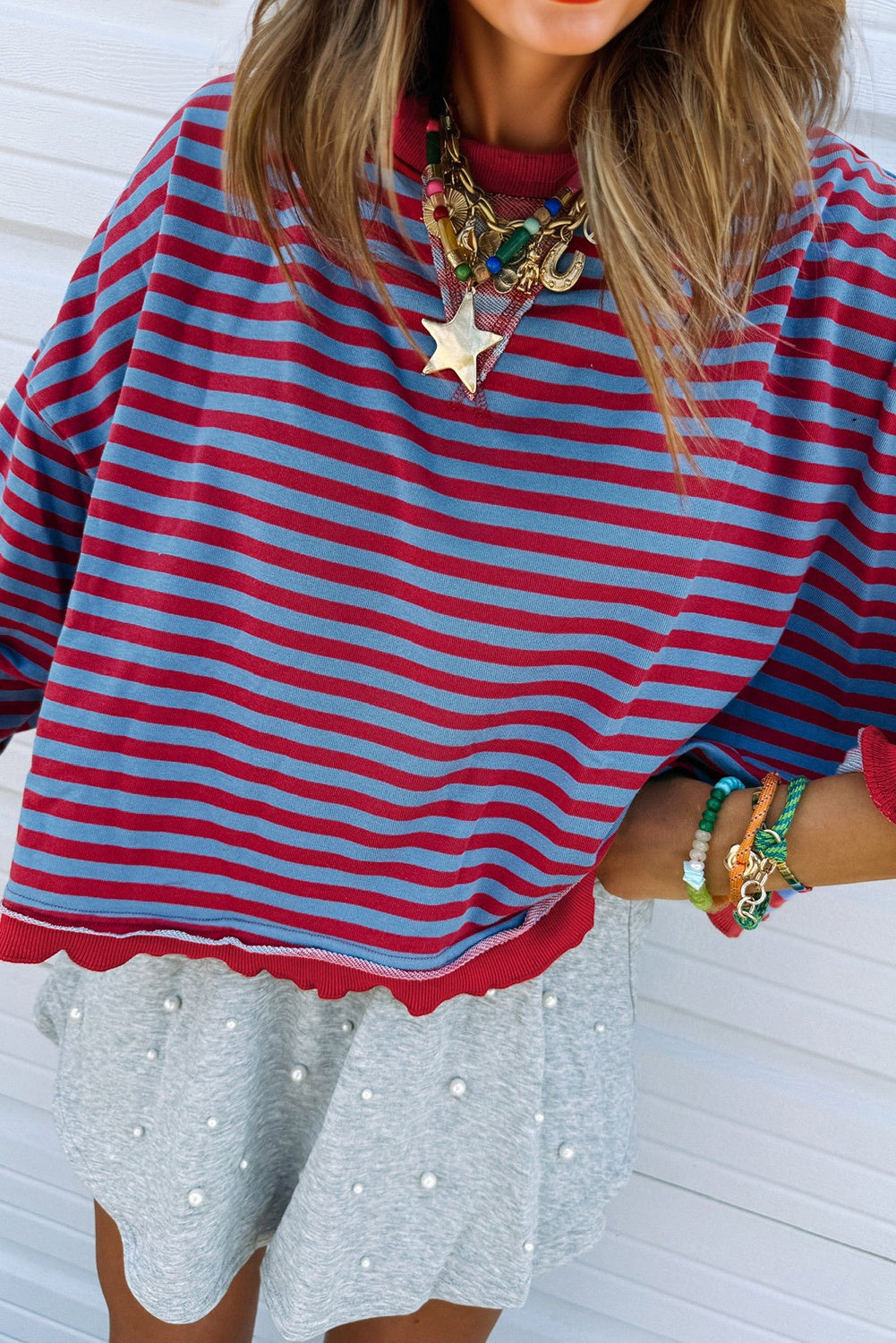 Red Stripe Exposed Seam Contrast Ribbed Trim Oversize Sweatshirt