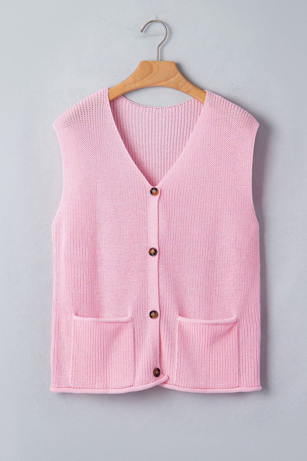 Pink Solid Color Knit V Neck Button Front Sweater Vest