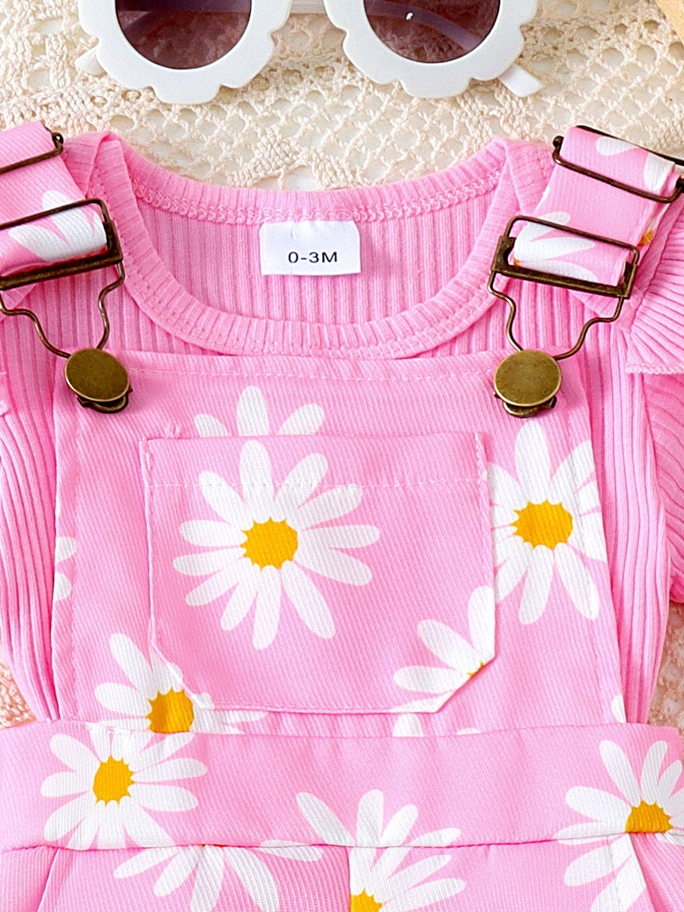 Children's Ruffle Trim Ribbed Top and Daisy Overalls Set