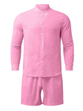 Men's Full Size Button Up Long Sleeve Shirt and Shorts Set Plus Size