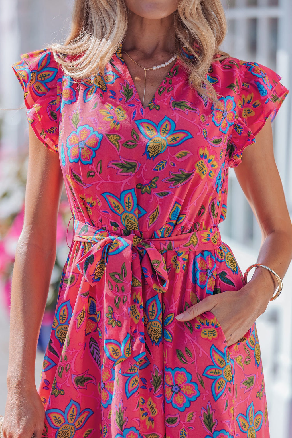 Rose Flutter Sleeve Belted Floral Long Dress