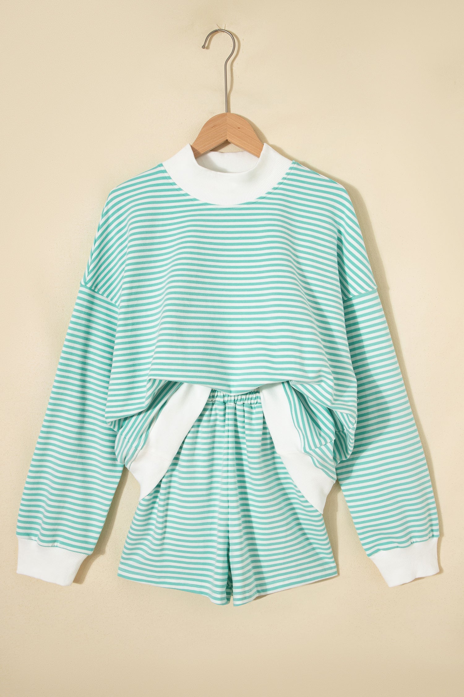 Green Stripe Oversize Mock Neck Sweatshirt and Shorts Set