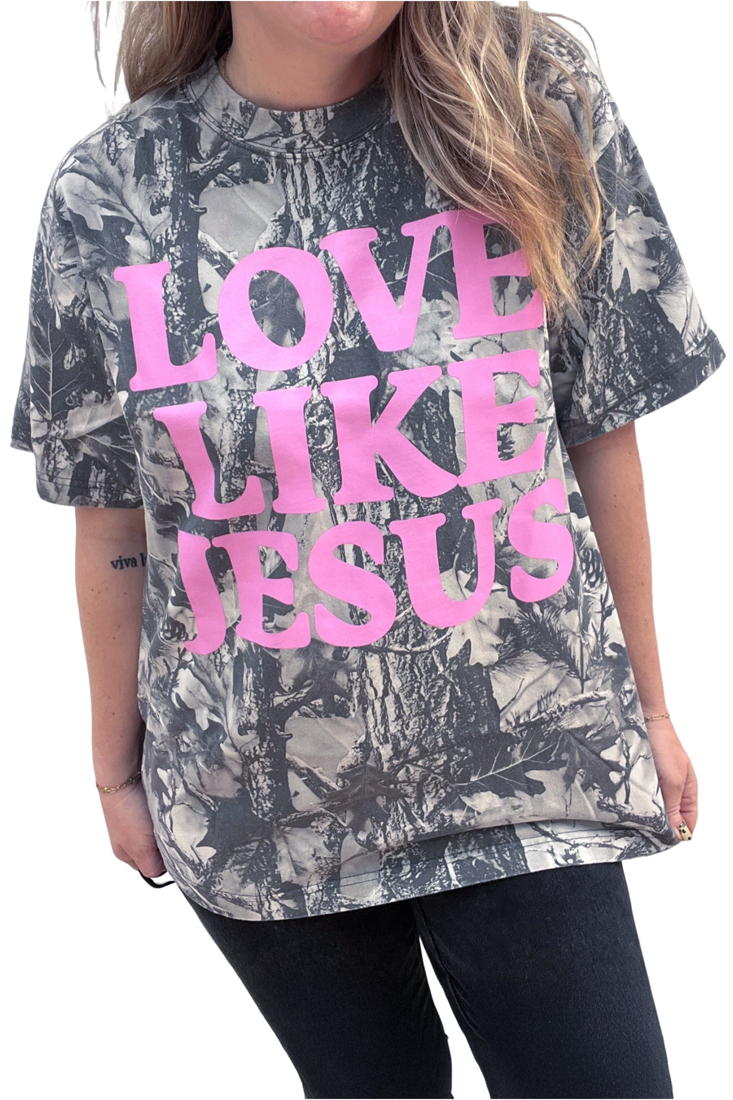 Gray Woodland Camouflage LOVE LIKE JESUS Plus Size T Shirt