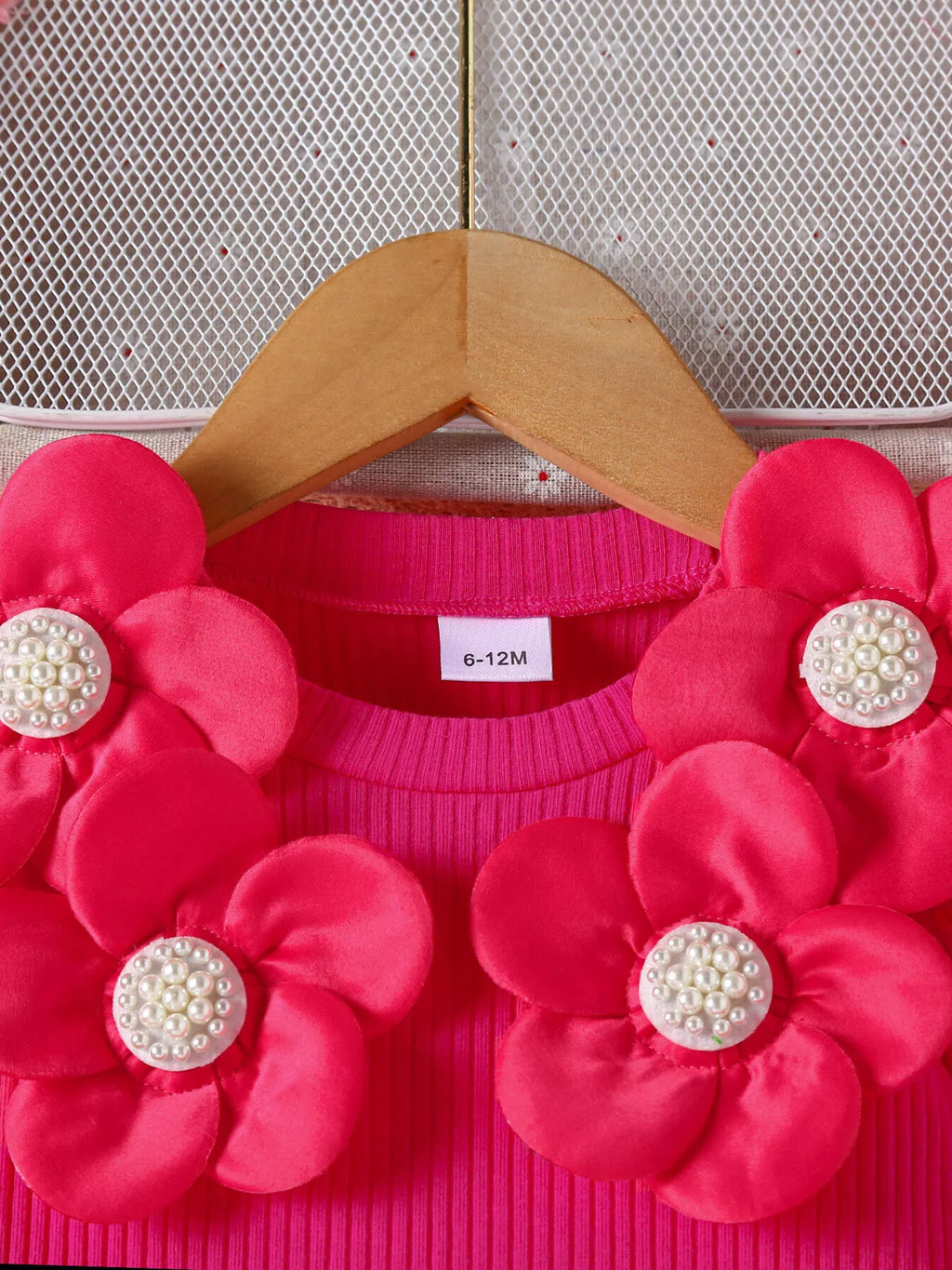 Children's Floral Applique Ribbed Top & Button Decor Skirt Set