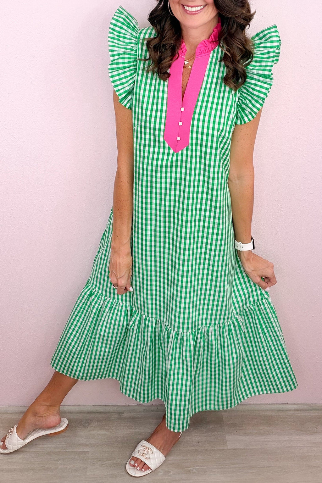 Bright Green Summer Color-Blocked Plaid Pattern Midi Dress