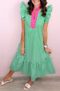 Bright Green Summer Color-Blocked Plaid Pattern Midi Dress
