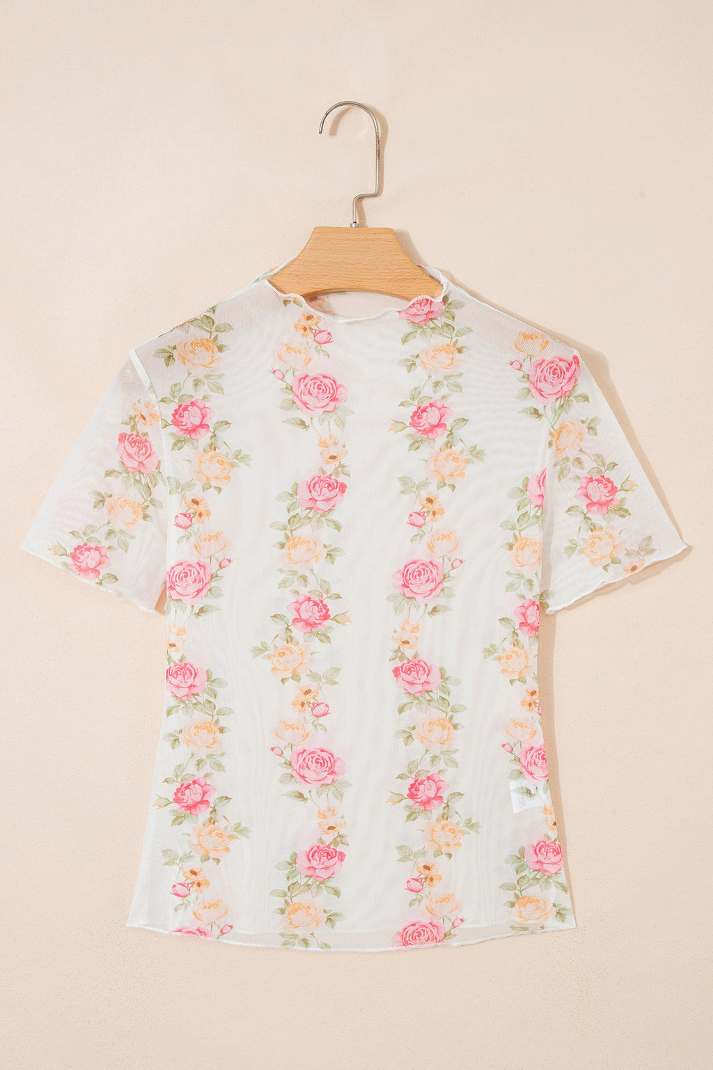 Beige Floral Print Mock Neck Short Sleeve Mesh Top