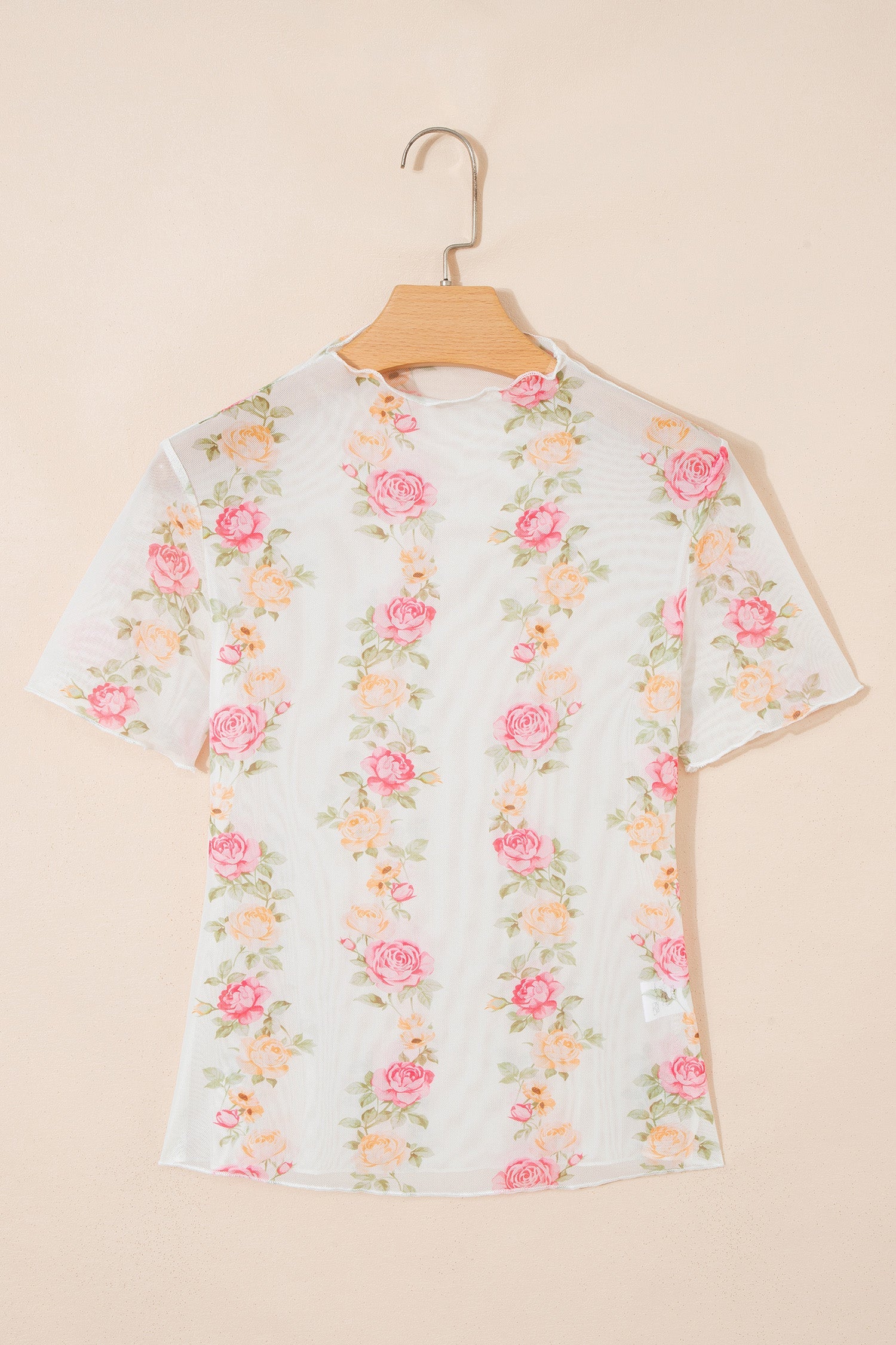 Beige Floral Print Mock Neck Short Sleeve Mesh Top
