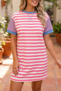 Pink Stripe Contrast Patchwork Short Sleeve T Shirt Shift Dress
