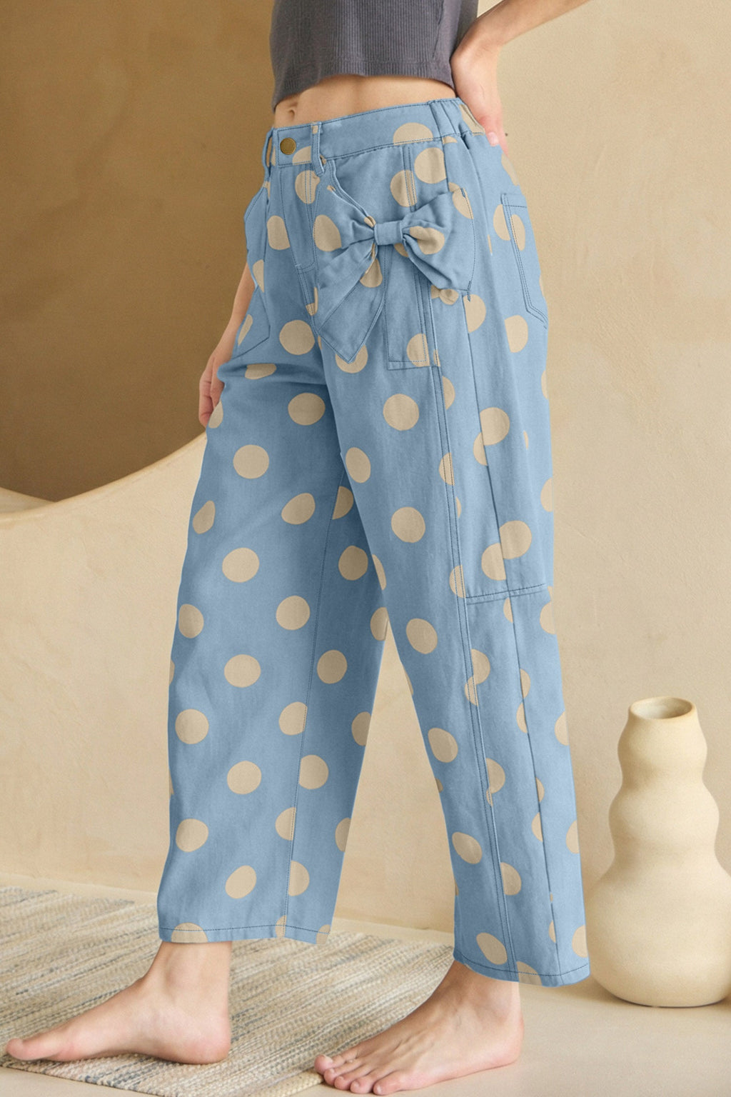 Sky Blue Polka Dot Print Bow Detail Pocketed Jeans