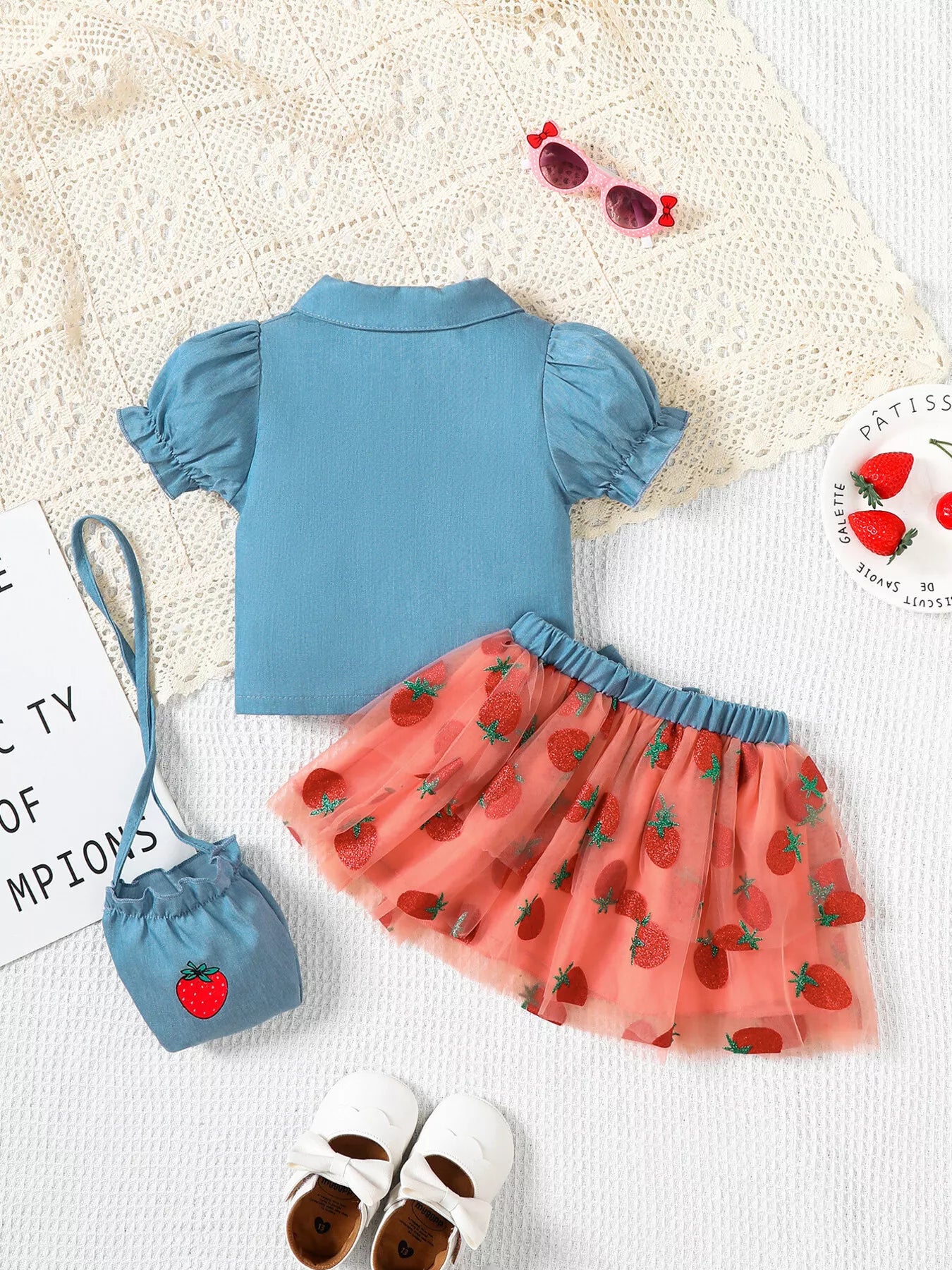 Children's Strawberry Short Sleeve Top and Skirt Set with Bag