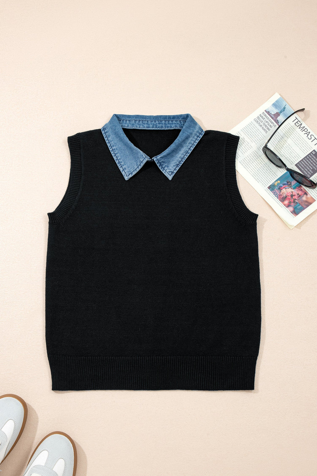 Black Solid Color Knit Contrast Denim Patchwork Collar Sweater Vest