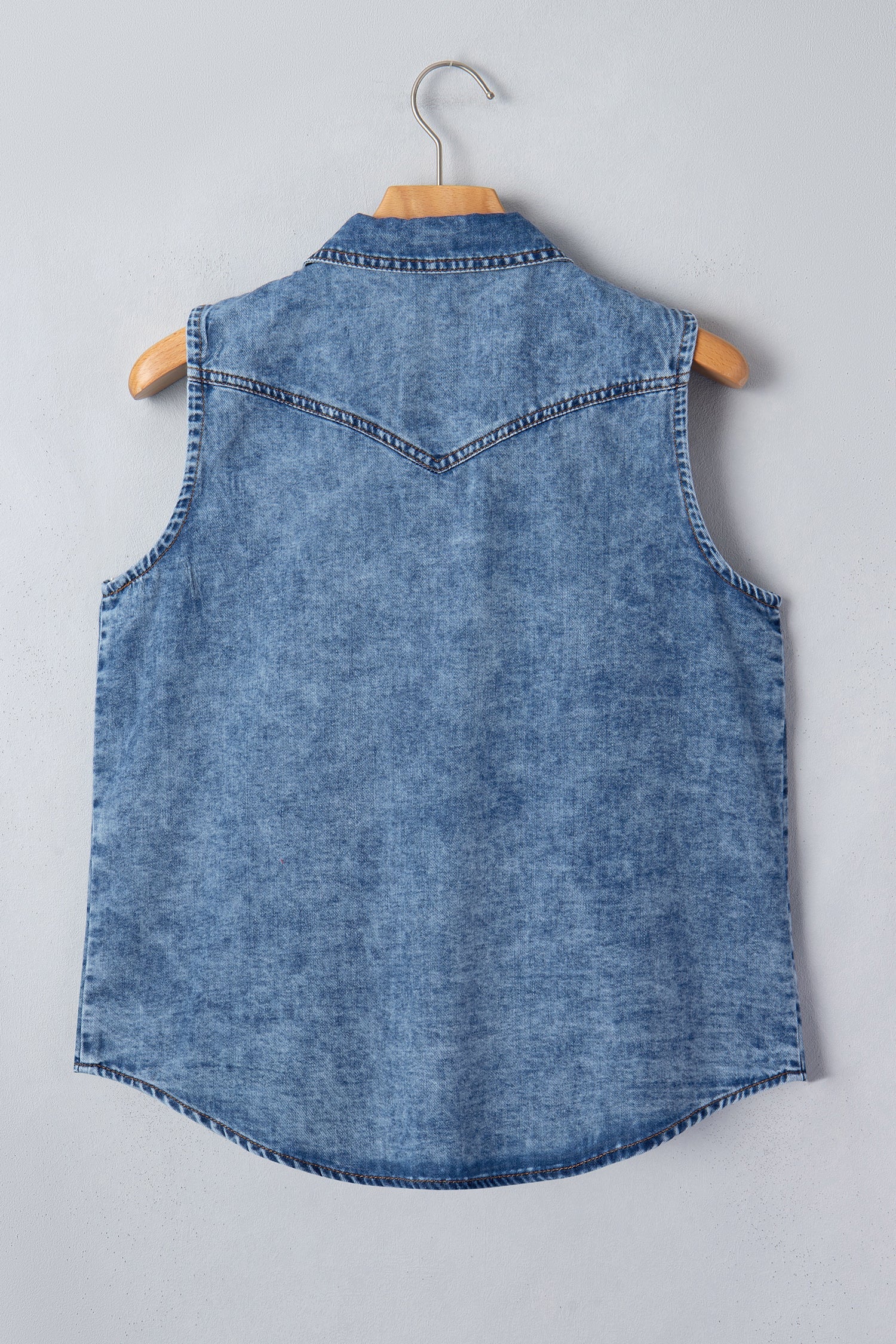 Dusk Blue Buttoned Front Collared Sleeveless Denim Vest