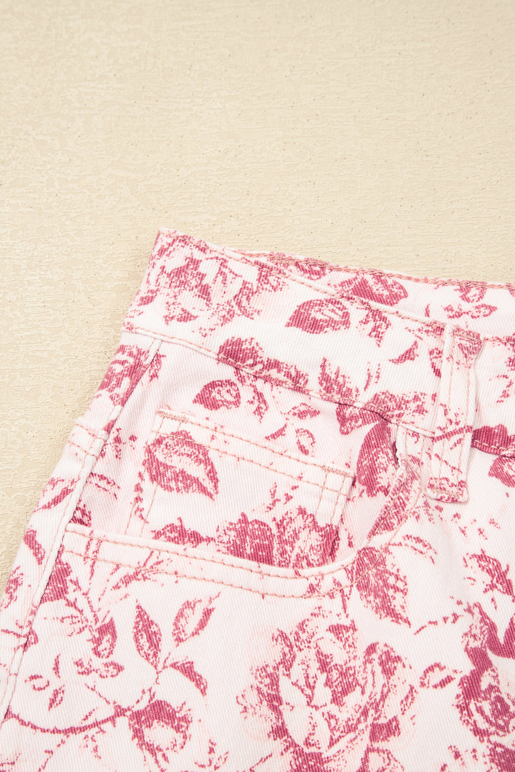 Pink Vintage Floral Print Denim Shift Pants