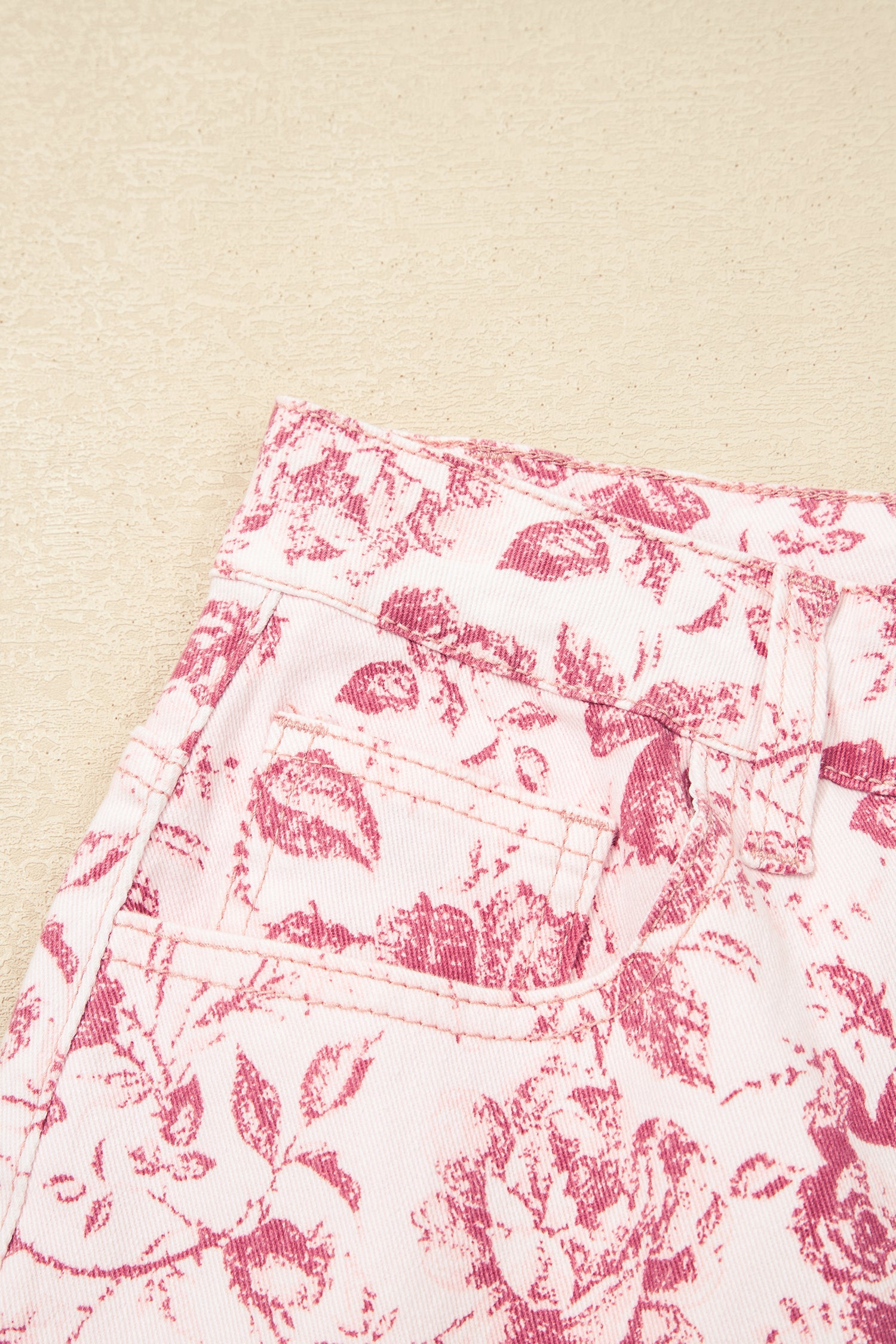 Pink Vintage Floral Print Denim Shift Pants