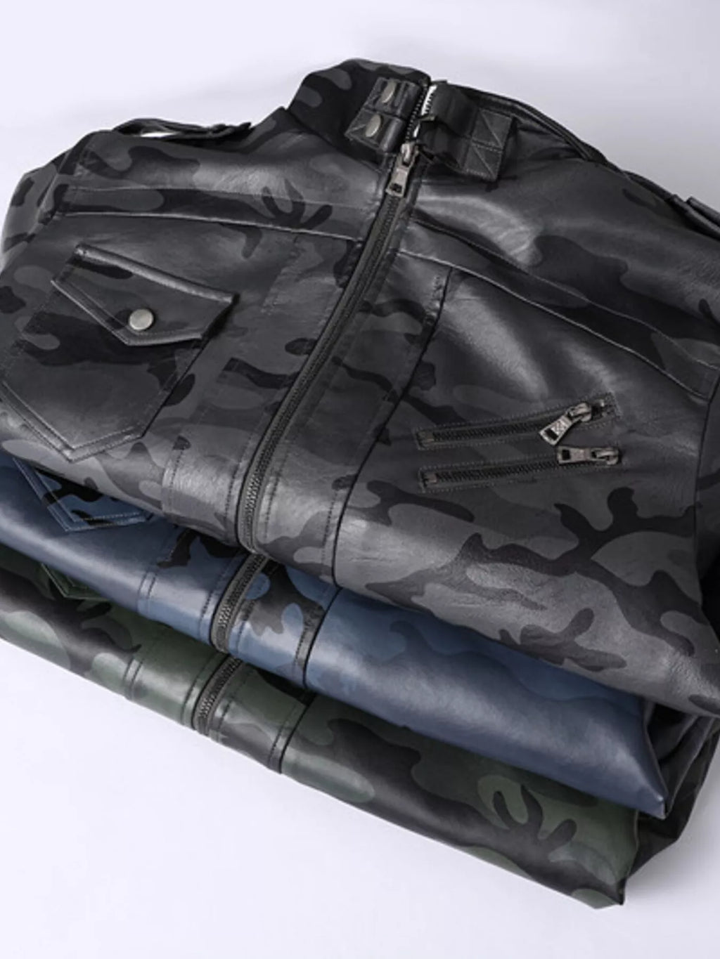 Men's Full Size Zip Up Camouflage Faux Leather Jacket Plus Size