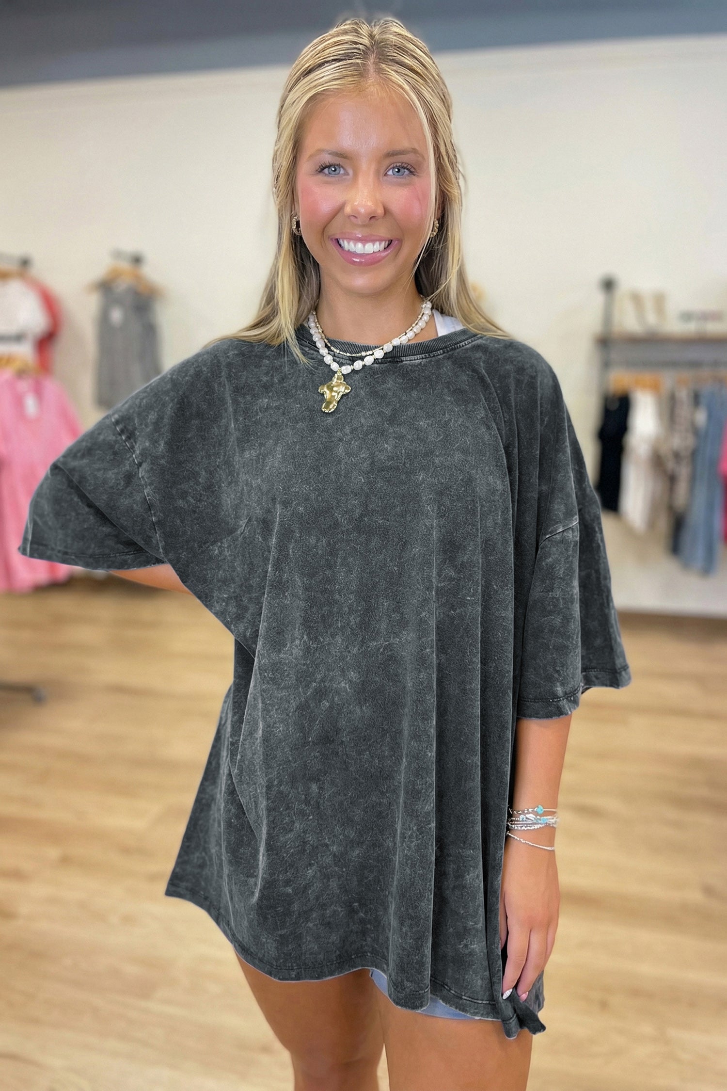 Dark Grey Solid Color Cotton Mineral Washed Oversize Tee