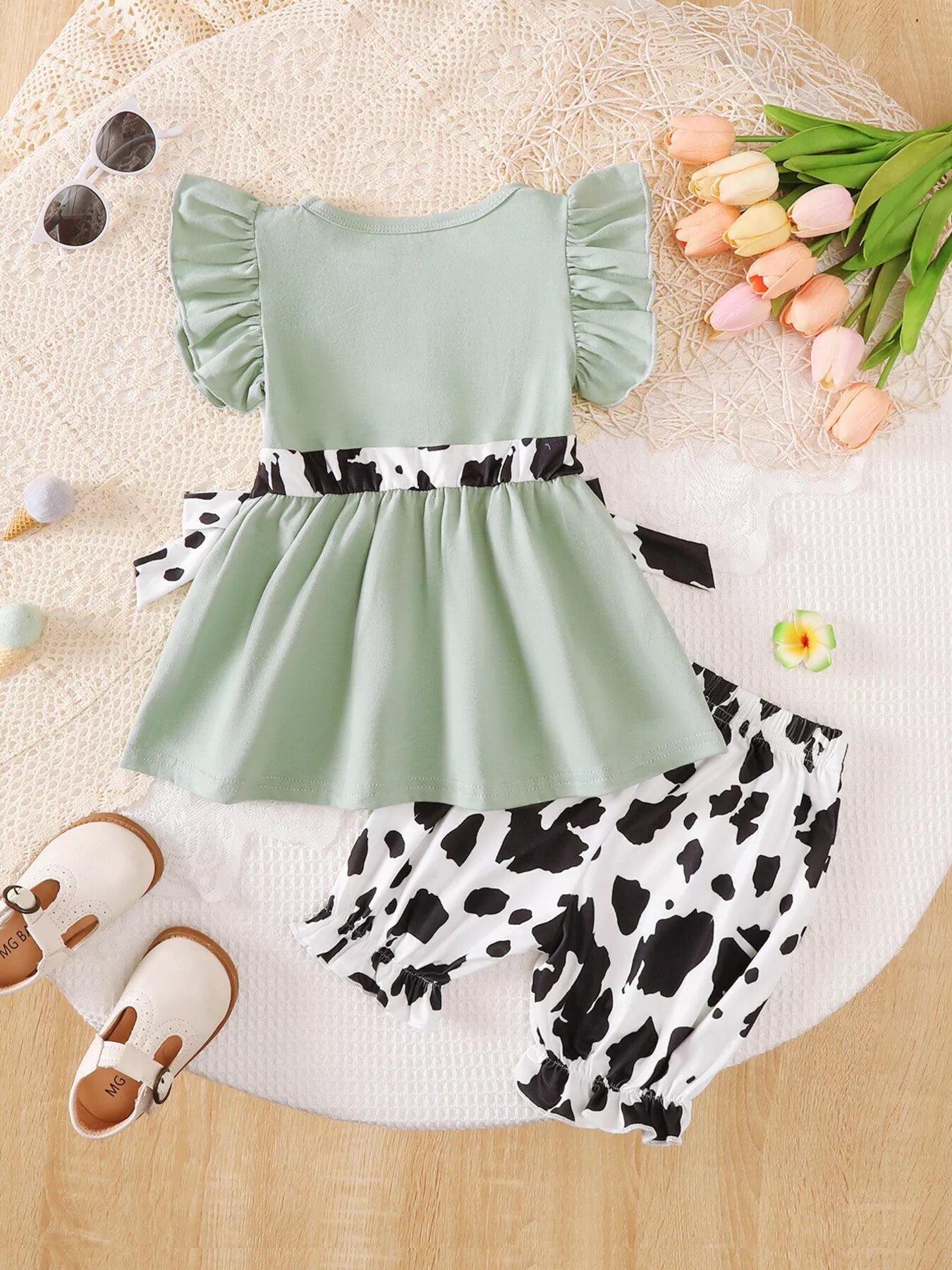 Children's Cow Print Ruffle Sleeve Top and Shorts Set