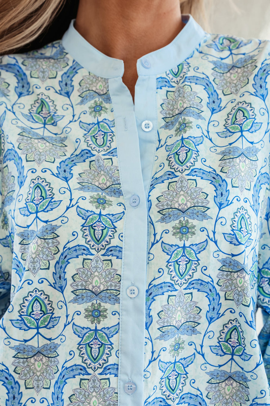 Sky Blue Paisley Print Puff Sleeve Loose Shirt