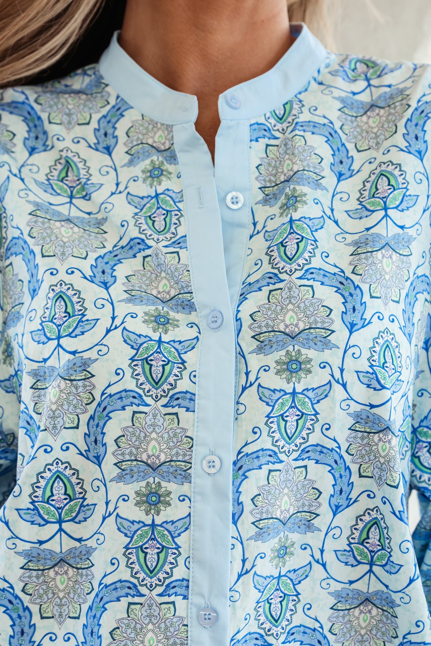 Sky Blue Paisley Print Puff Sleeve Loose Shirt