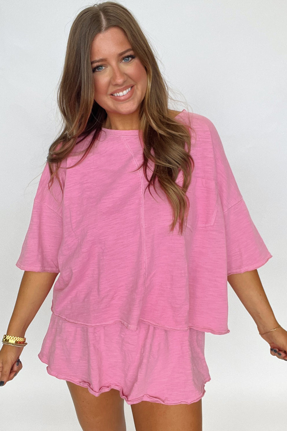 Sachet Pink Loose Fit Half Sleeve T Shirt and High Waist Skirt Set