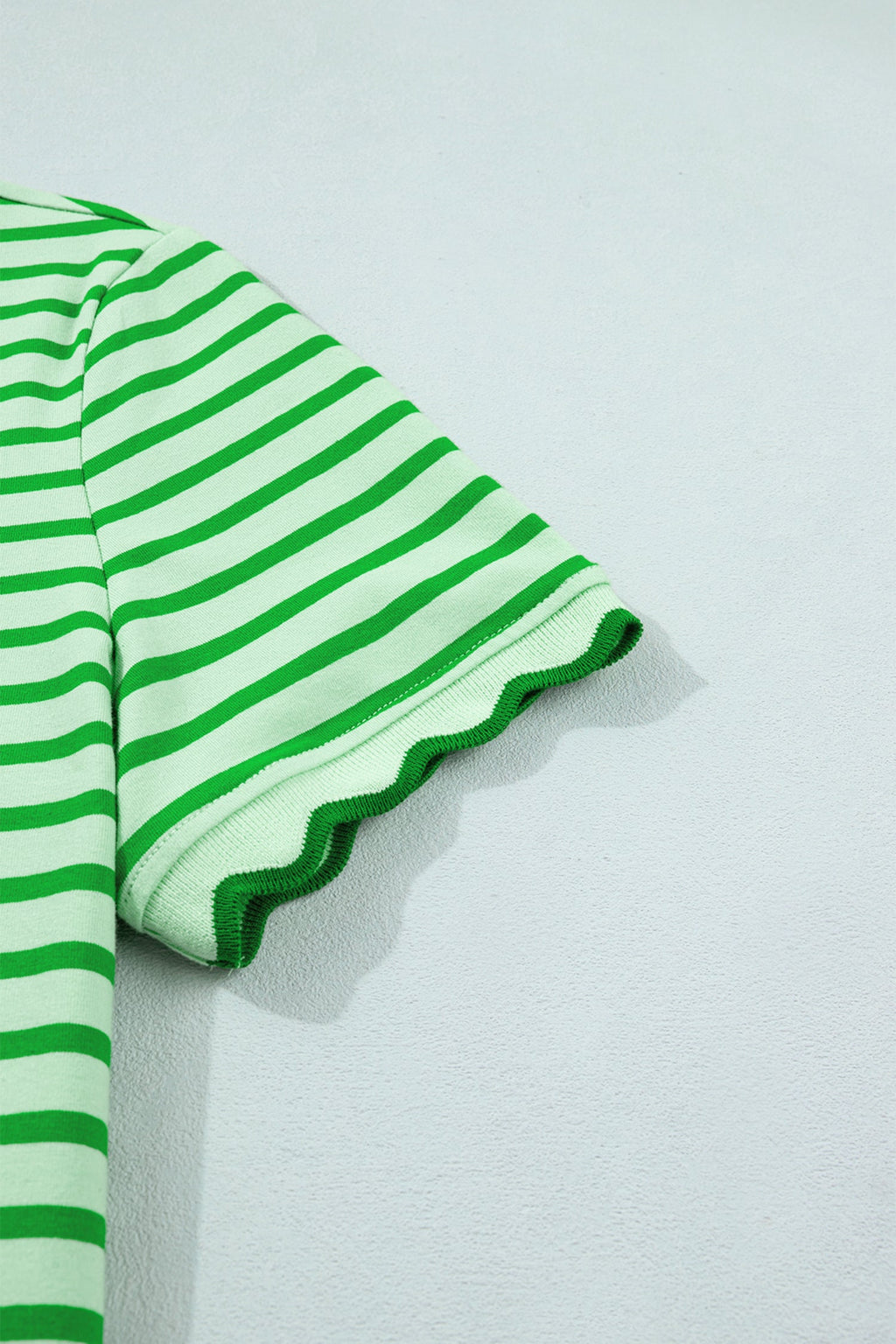 Green Stripe Scalloped Trim Round Neck T Shirt
