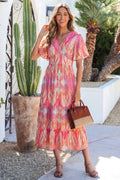 Multicolour Paisley Print V-Neck Short Sleeve Boho Maxi Dress with Ruffle Details
