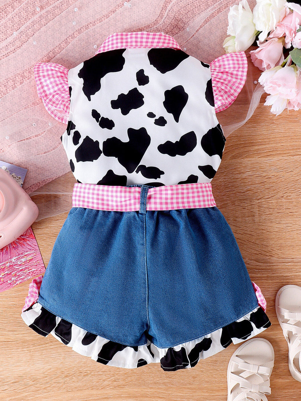Children's Cow Print Ruffle Trim Top and Denim Shorts Set