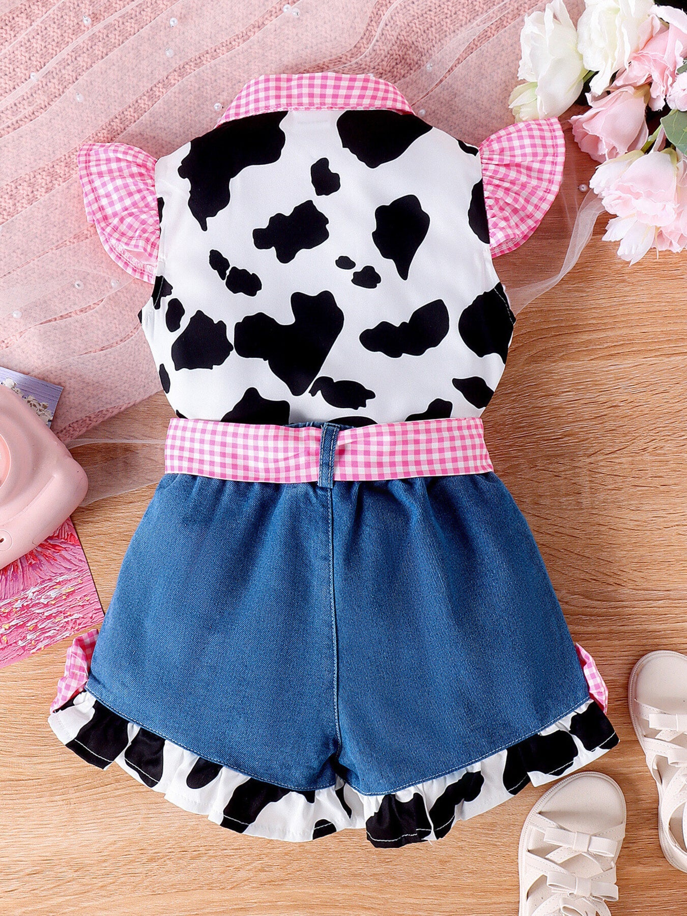 Children's Cow Print Ruffle Trim Top and Denim Shorts Set