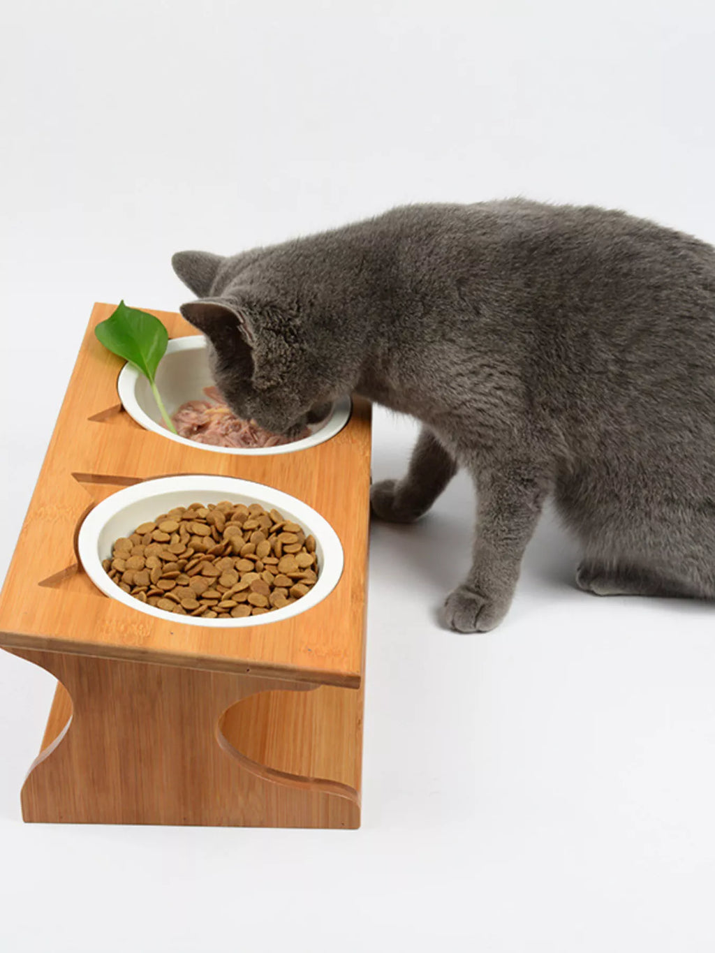 Elevated Double Ceramic Pet Bowls with Bamboo Stand
