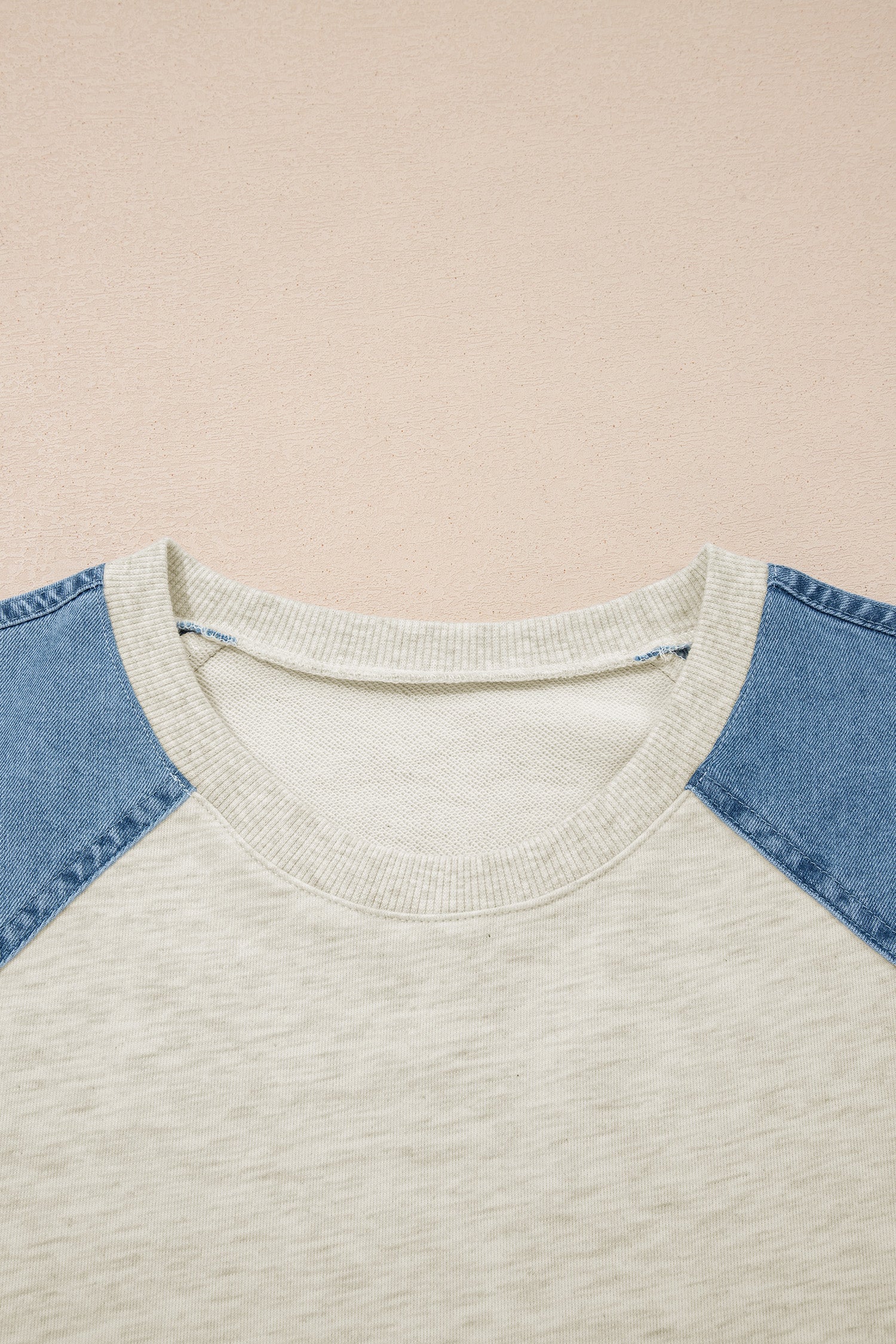 Beige Denim Color Block Patchwork Round Neck Tee