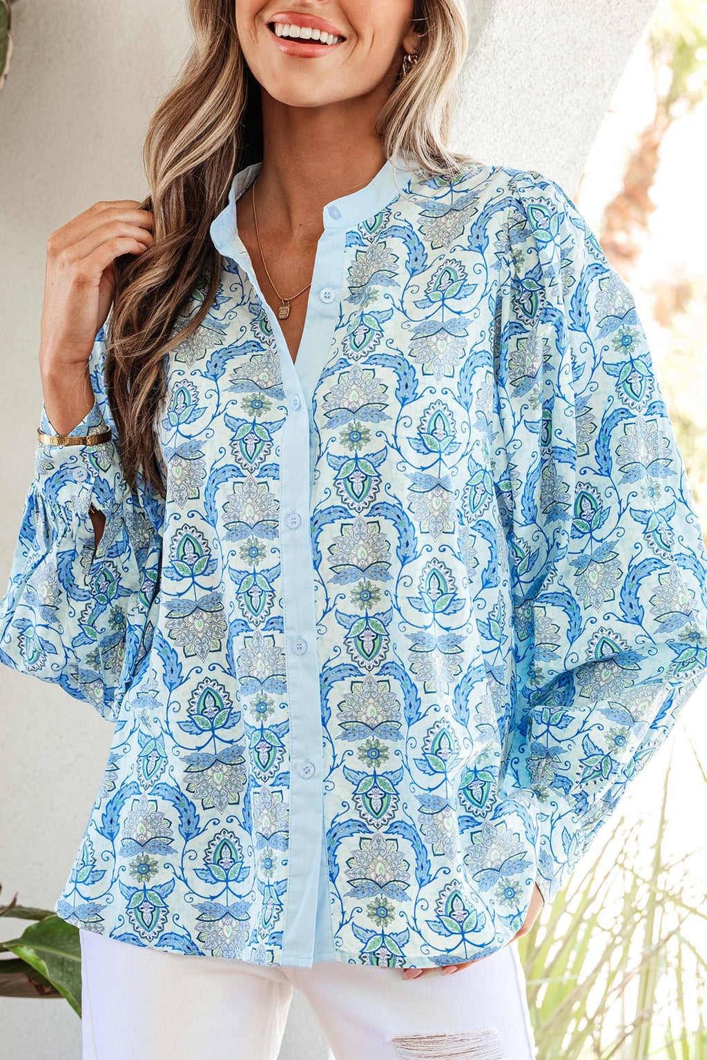 Sky Blue Paisley Print Puff Sleeve Loose Shirt