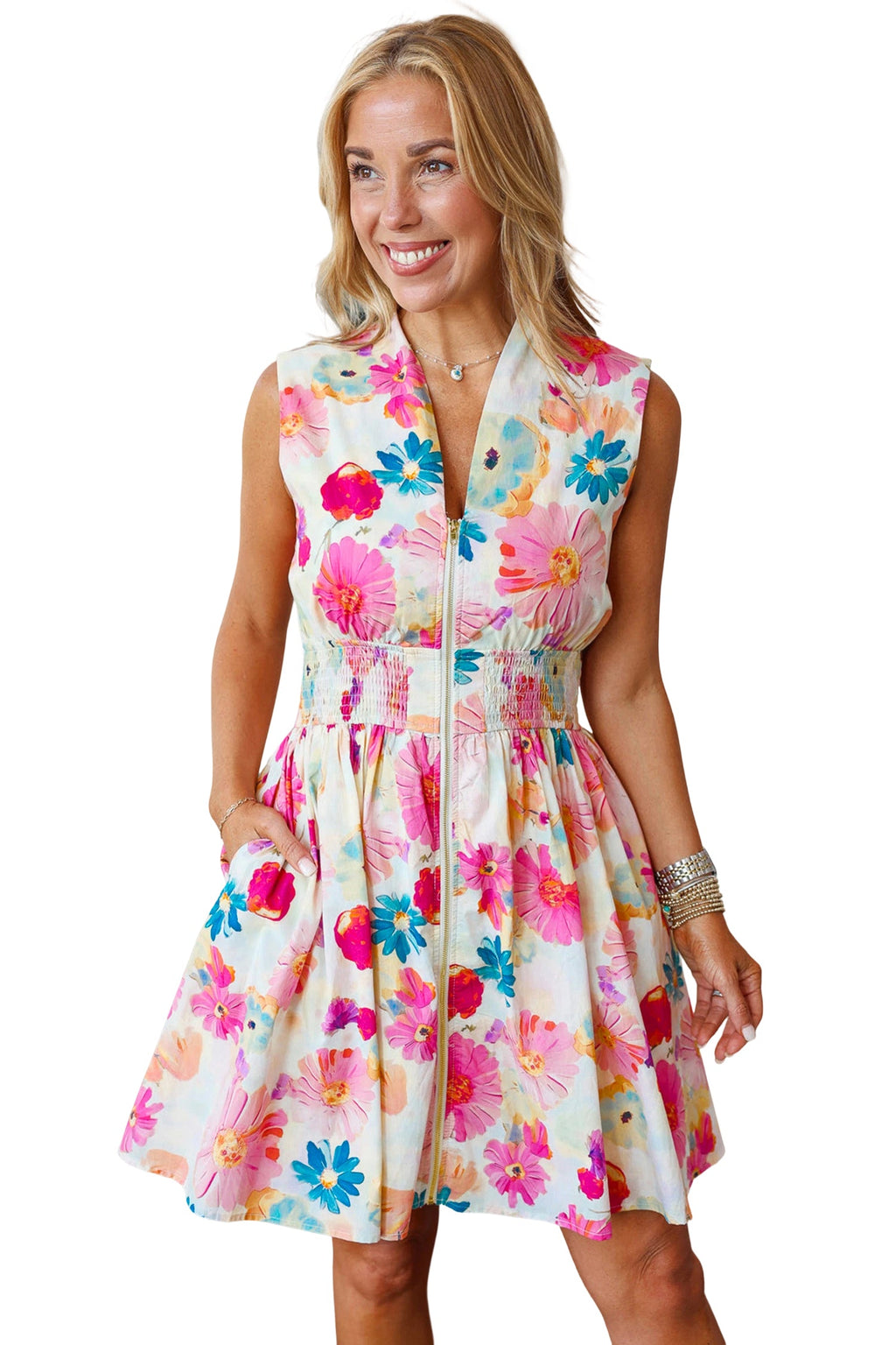 Pink Adorable Floral Print V Neck Zip Up Smocked Waist Flared Mini Dress