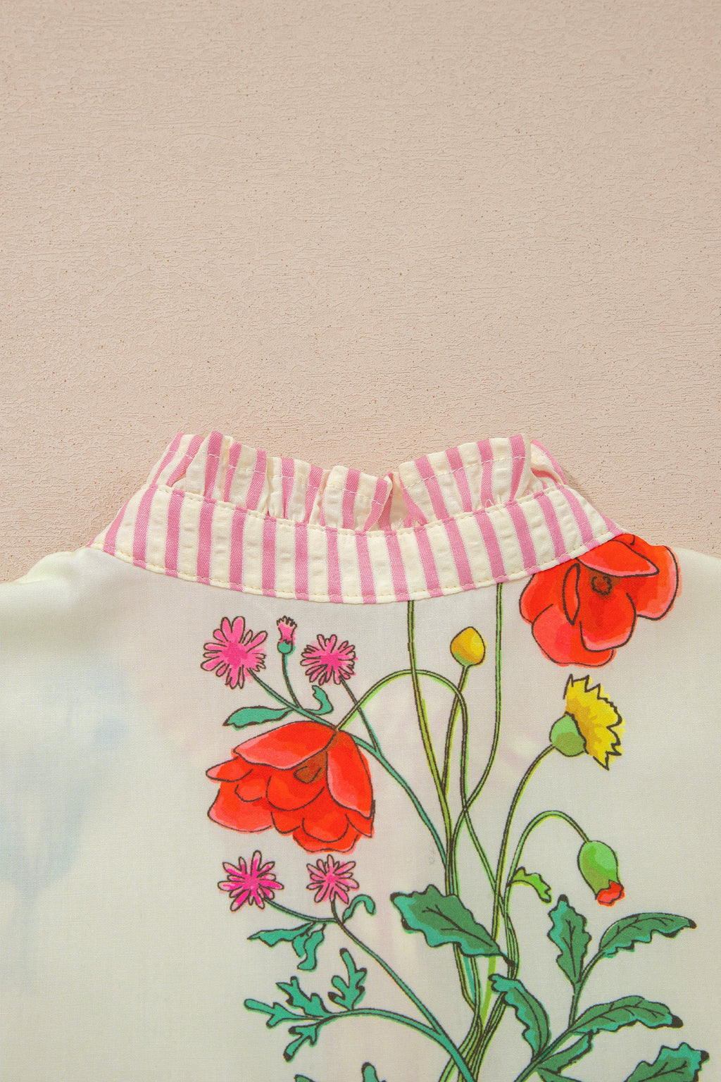Beige Floral Striped Patchwork Ruffled Collar Short Sleeve Shirt