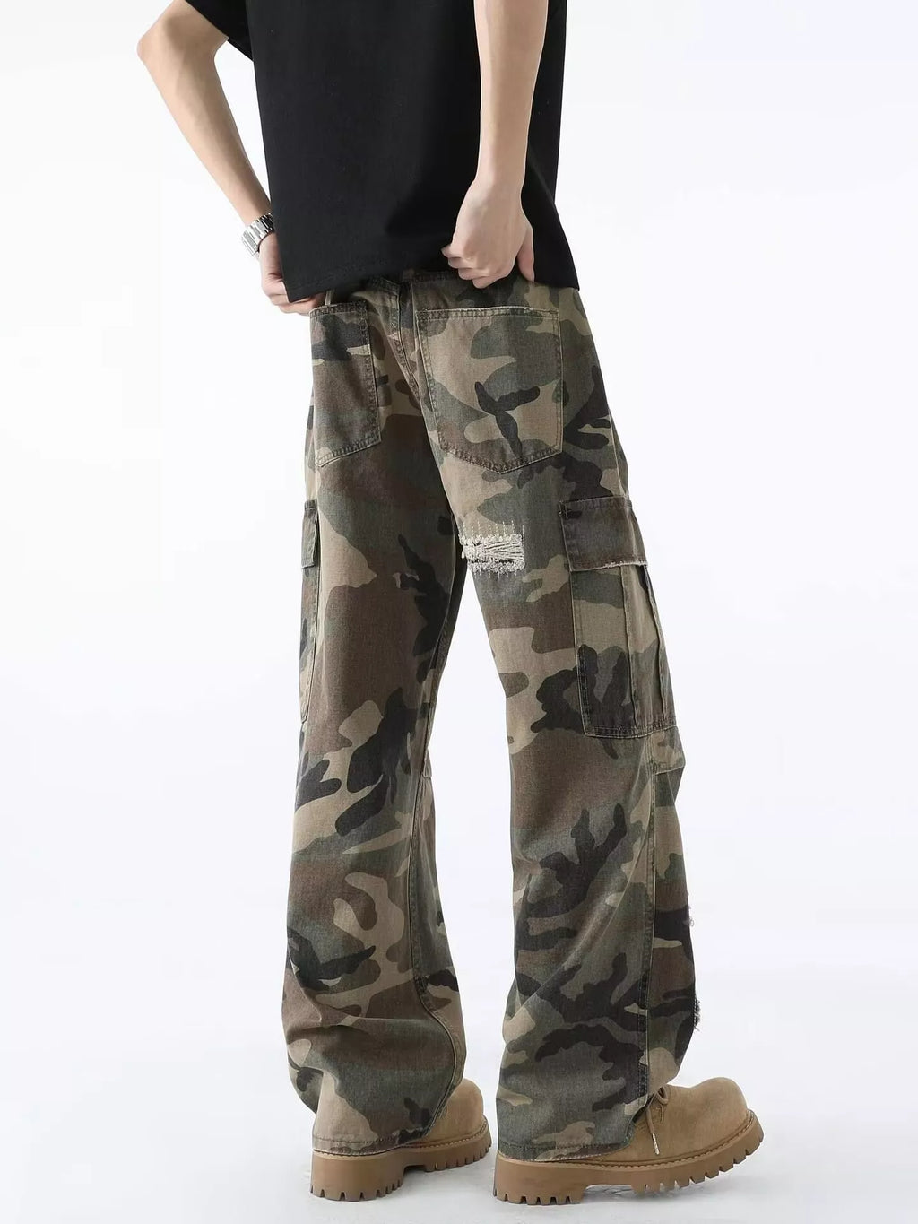 Men's Full Size Distressed Camouflage Wide Leg Jeans Plus Size