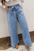 Beau Blue Western Washed Bow Knot Sash Wide Leg Jeans