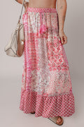 Red Boho Pattern Print Tassel Drawstring Elastic Waistband Maxi Skirt