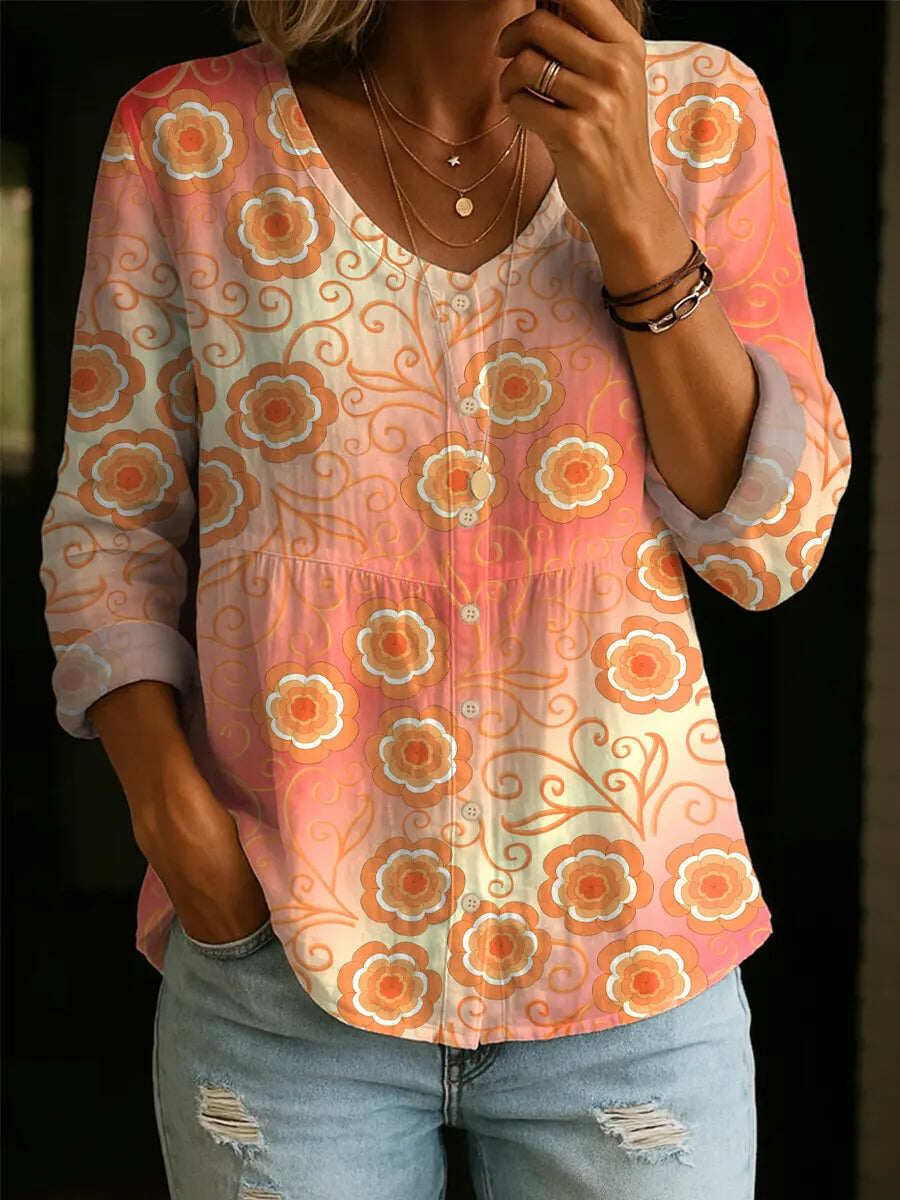 Women's Plus-Size Printed Boho Loose Fit 3/4 Sleeve Top