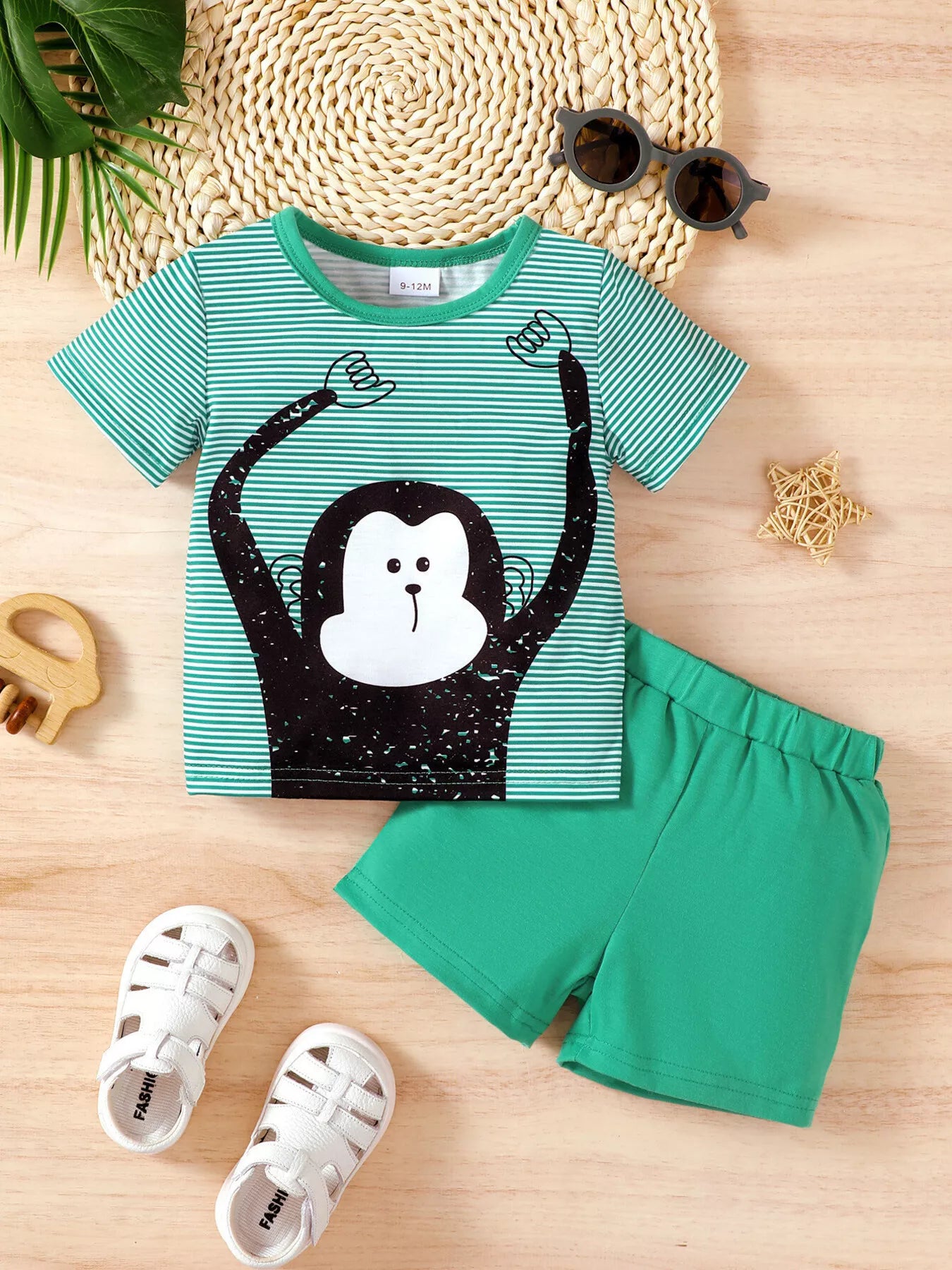 Children's Monkey Striped Top and Shorts Set