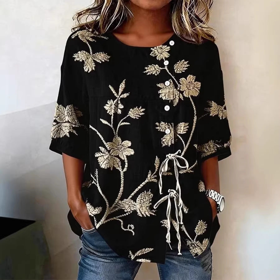 Women's Floral 3D Print Top – Loose Fit Elegant Casual S to 3XL